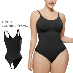 Seamless tummy control shapewear bodysuit with adjustable straps and thong style back