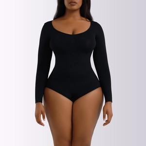 Detail of black long sleeve bodysuit showing high-elastic fabric and scoop neckline