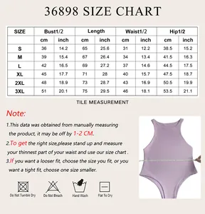 Detailed size chart and washing care guide for women's lavender one-piece bodysuit