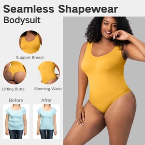 Detail view of seamless yellow shapewear bodysuit with tummy control and lifting effect