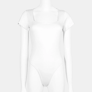 Front view of white short sleeve bodysuit with square neck design on a mannequin