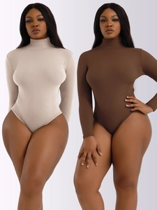 Body pour Femmes en Tricot à Côtes Manches Longues Col Montant Coupe Ajustée Couleur Unie Automne Hiver Haut de Base