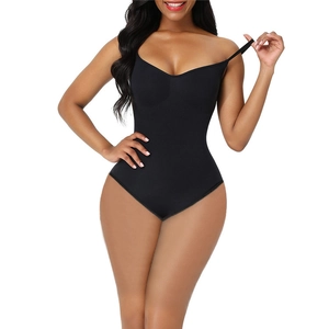 Seamless black slimming bodysuit with deep V-neck and thin straps for body shaping