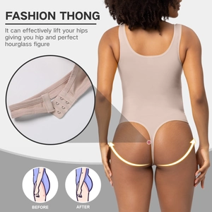 Detail of adjustable crotch buckles on seamless thong bodysuit for slimming shapewear
