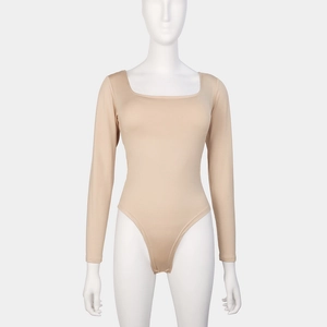 Front view of a slim fit square neck long sleeve bodysuit in a nude tone