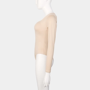 Side view of long-sleeve nude bodysuit with U-neck design on professional mannequin