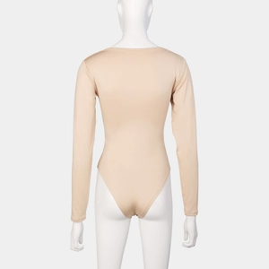 Rear view of a slim-fit beige long sleeve bodysuit on a white mannequin with a round neck
