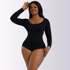 Detail of black long-sleeve bodysuit featuring a scoop neck and high-elastic shaping fabric