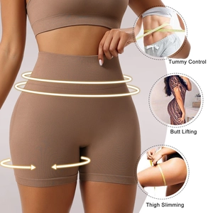 Detail view of brown high waist shapewear with tummy control and butt lifting functions