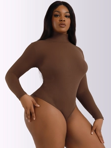 Women's brown long sleeve bodysuit with high neck and ribbed knit fabric texture