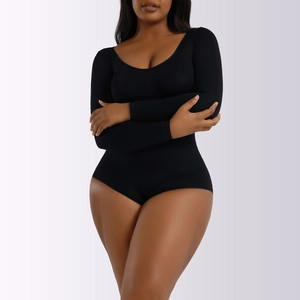 Detail of a black long-sleeve bodysuit featuring a wide neckline and slim fit fabric