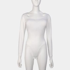 Close-up of white square neck long sleeve bodysuit with slim fit and snap closure