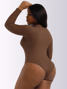 Deep coffee high-neck long sleeve bodysuit in ribbed stretch fabric for women