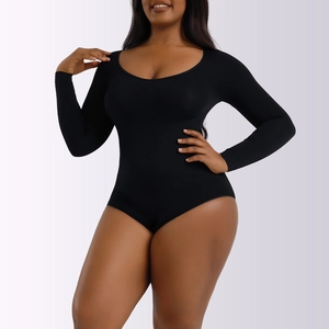 Front view of a sleek black long-sleeve bodysuit with a round neck on a model