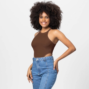 Detailed texture of brown ribbed bodysuit fabric with high-cut halter neck design