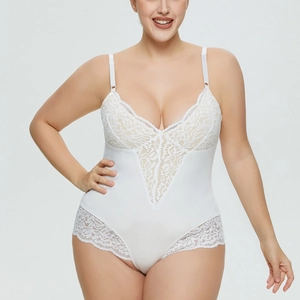 Close-up of white lace trim on a deep V-neck plus size bodysuit for women