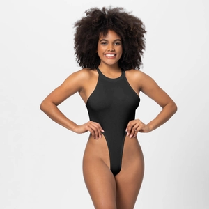 Close-up of the black ribbed fabric and halter neck design on this high-cut bodysuit