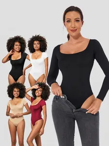 Women's Slim Fit Bodysuit Long Short Sleeve Square Scoop Neck Solid Stretchy Polyester Jumpsuit Top Plus Size Base Layer