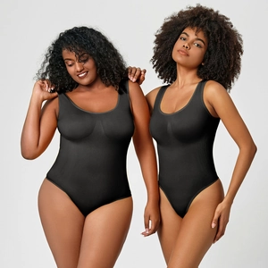 Detailed view of black seamless ribbed bodysuit texture and deep round neckline
