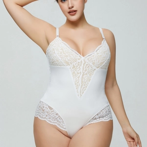 White lace bodysuit shapewear with V-neckline and floral embroidery for women