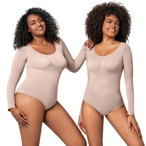 Slim fit long sleeve bodysuit for women with a round neck in nude skin tone