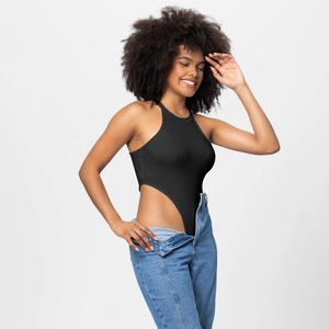 Detail of black ribbed bodysuit featuring a racerback design and high cut leg styling