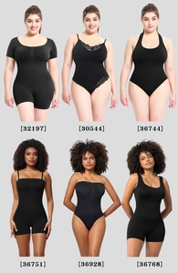 Collage aus sechs schwarzen Shapewear-Bodys mit verschiedenen Ausschnitten und Stilen