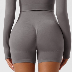 Detailed back view of high waist seamless lifting shorts with reinforced ribbed hems
