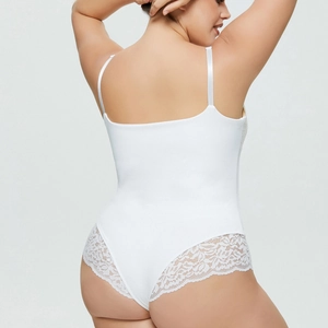 Detail view of white lace backless bodysuit with adjustable straps on back profile