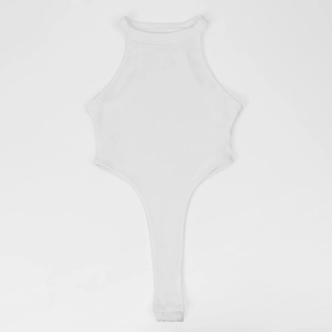 Close-up of white ribbed knit halter neck bodysuit with vertical stripe texture