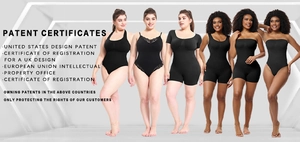 Black shapewear bodysuits with different necklines shown on models of various body types