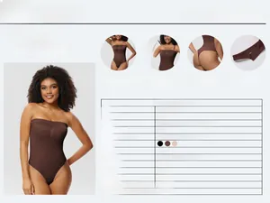 Detailansicht nahtloser brauner trägerloser Shapewear mit Bauchkontrolle und Schnalle