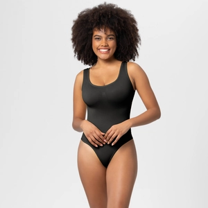 Detail view of seamless black sculpting bodysuit with classic round neck and sleek fit