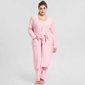 Close-up of pink plush 3-piece pajama set featuring soft robe, top and long pants