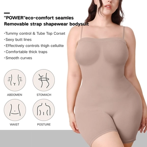 Detail view of seamless beige bodysuit featuring tummy control and removable straps