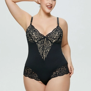 Detailed view of black lace bodysuit featuring deep V-neckline and adjustable straps