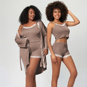 Ensemble pyjama 3 pièces en maille côtelée avec dentelle en tailles standard et grande