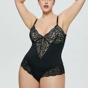 Sexy black lace bodysuit with deep V-neck and slimming fit for curvy women