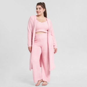 Close-up of soft pink fleece three-piece lounge set with cardigan and wide-leg pants