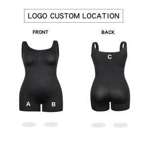 Detail view of black seamless shapewear bodysuit with custom logo positioning guide