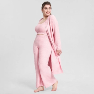 Pink three-piece fleece lounge set including camisole, wide-leg pants and long cardigan