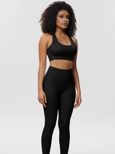 Detail of black ribbed seamless yoga set showing high-waist leggings and sports bra texture