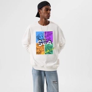 Detail of white cotton crewneck sweatshirt with colorful sea crab graffiti print