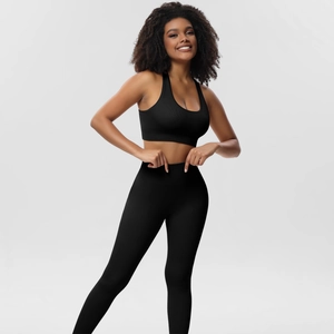 Close-up of black ribbed seamless yoga set showing high-stretch knit fabric texture