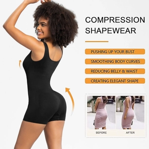 Comparison view of seamless black shapewear bodysuit showing bust lifting and belly control