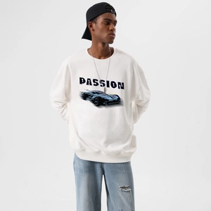 Close-up of premium heavy cotton sweatshirt featuring a classic blue sports car print