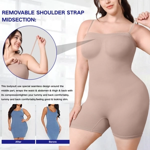 Detail view of seamless bodysuit features removable straps and tummy control compression