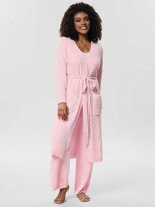 Three-piece pink plush pajama set featuring a soft belted cardigan and lounge trousers