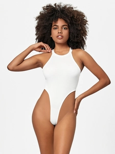 Women Halter Neck Ribbed Bodysuit High Cut Sexy Sleeveless Slim Fit Solid Color Knitted Streetwear Jumpsuit Top