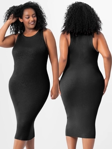 Schlankmachendes schwarzes ärmelloses Midi-Strickkleid für Damen mit Rundhalsausschnitt